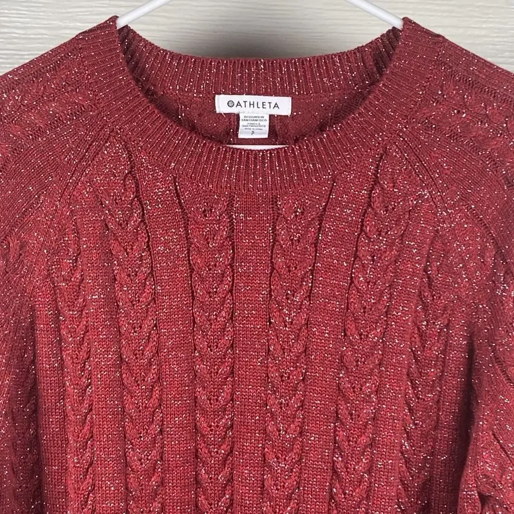 Athleta Red Silver Metallic Thread Long Sleeve Pullover CableKnit Sweater Size S